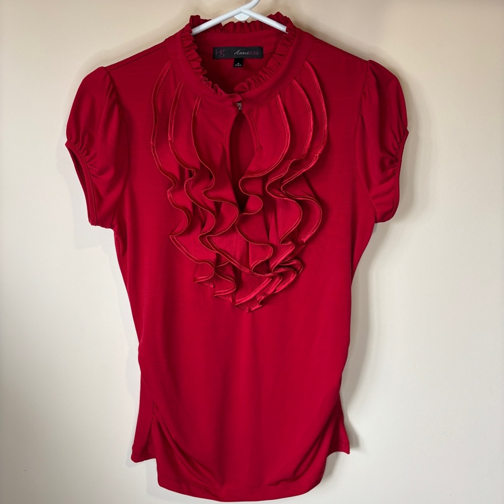 HeartSoul Women’s Scarlet Red Ruffle Front Tshirt Blouse with Peek-a-boo